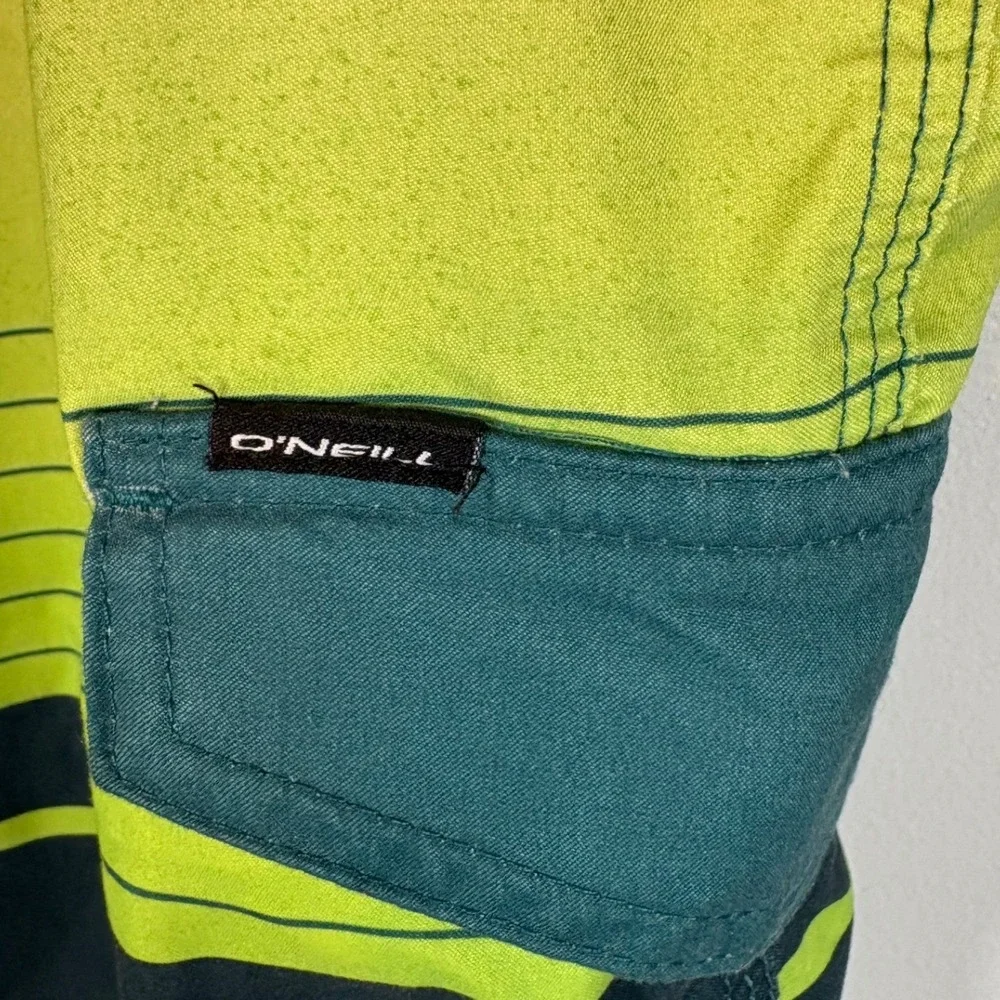 ONeill Mens Board Shorts Size‎ 36 Teal Lime Green Striped Swim Trunks SP9106031D